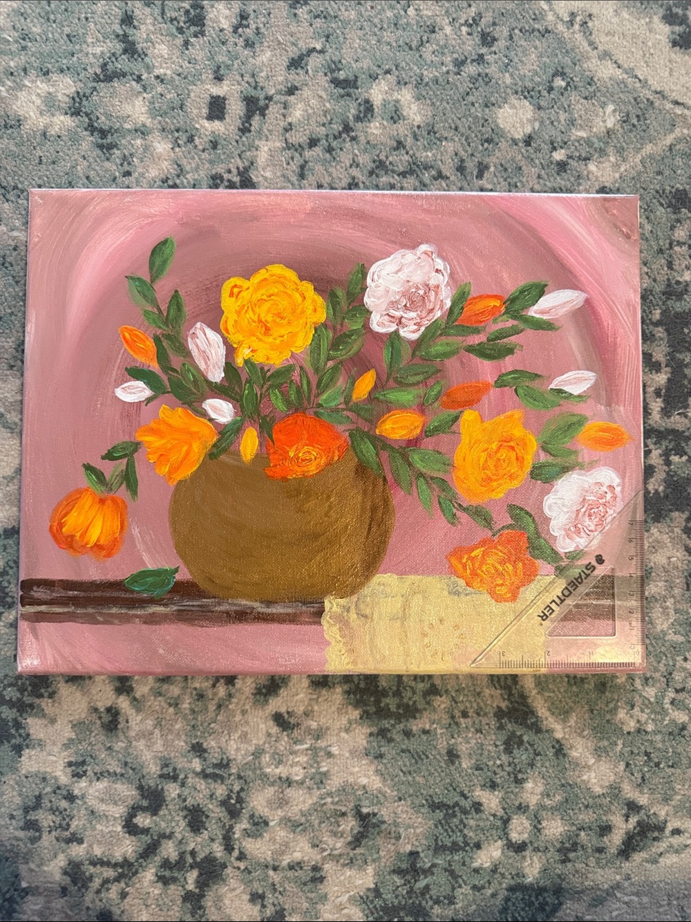 Orange and Yellow Flower Vase — original, hand-painted by my elderly mom